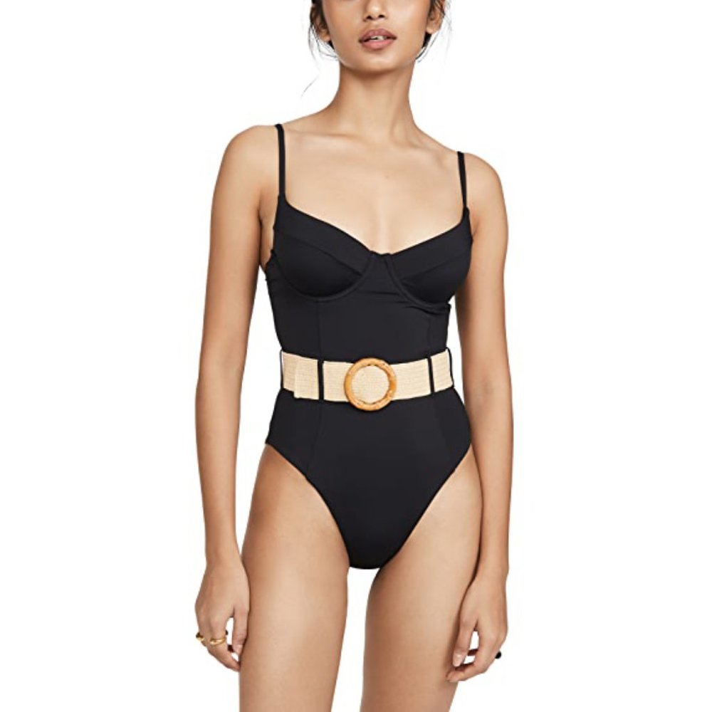 WeWoreWhat Danielle Black One Piece Swimsuit Elastic Belt Bamboo Buckle XS NEW